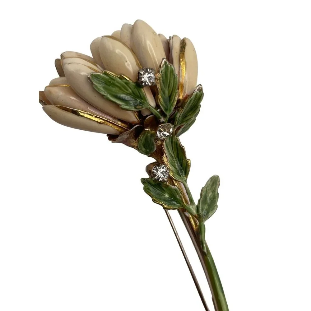 VINTAGE 1940S CREAM ENAMEL SANDOR CHRYSANTHEMUM FLOWER RHINESTONE BROOCH PIN‎